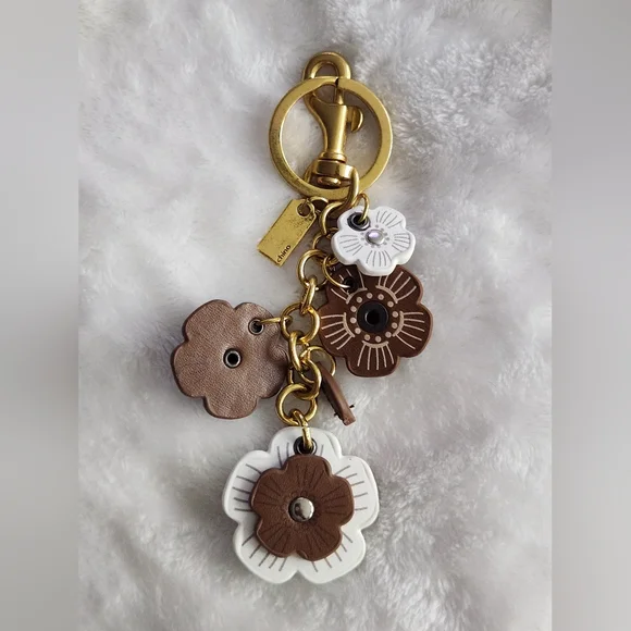 Designer Inspired Brown and White Floral Keychain with Gold Hardware Bag Charm - Picture 4 of 5